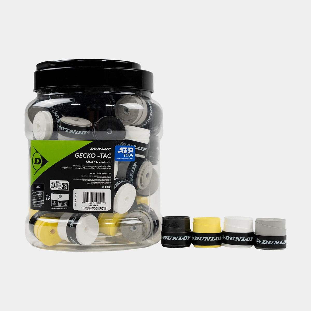 Dunlop Gecko-Tac 60-pack overgrip tub with individual grips